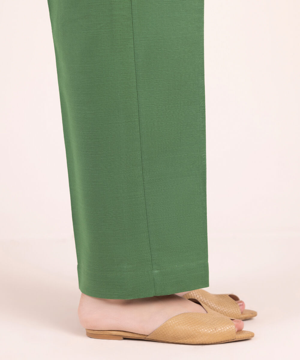 Women's RTW Cotton Solid Green Straight Pants
