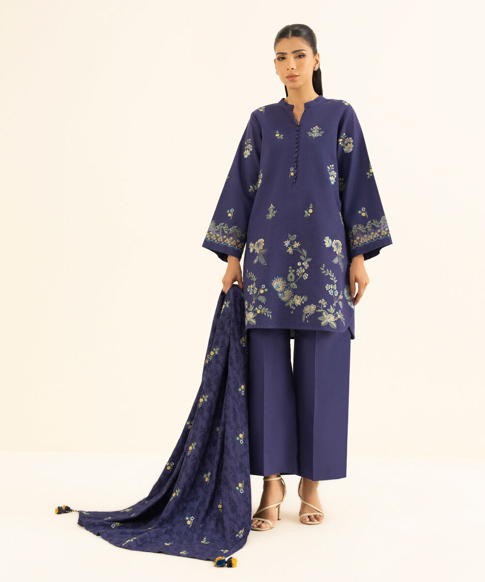 Women's Unstitched Cotton Embroidered Purple 3 Piece Suit