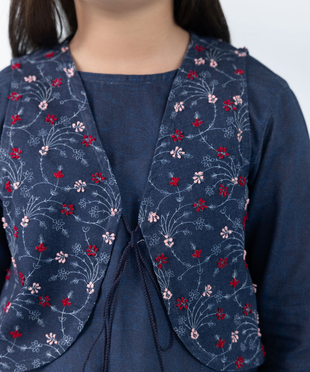 Kids East Girl's Blue 3 Piece Embroidered Khaddar Suit