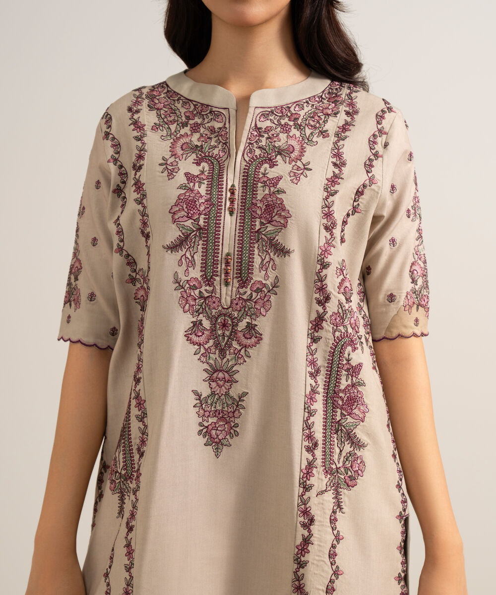 Women's Unstitched Embroidered Linen Beige 3 Piece Suit