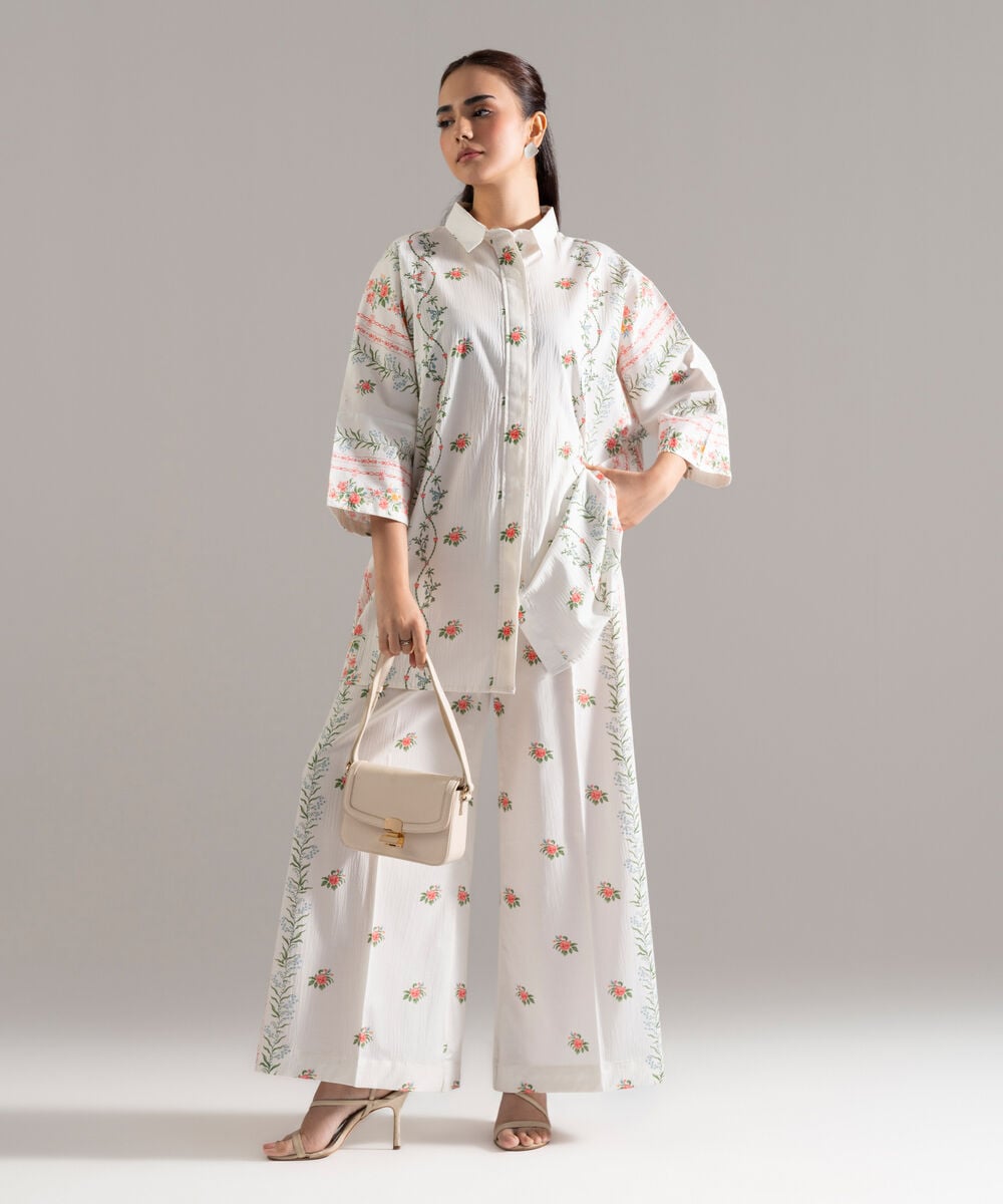 Women's RTW Seersucker Printed Grey 2 Piece Suit