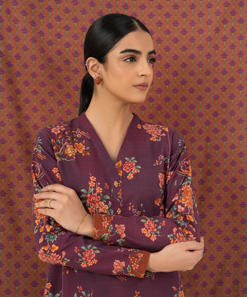 Women's Unstitched Khaddar Printed Purple 3 Piece Suit