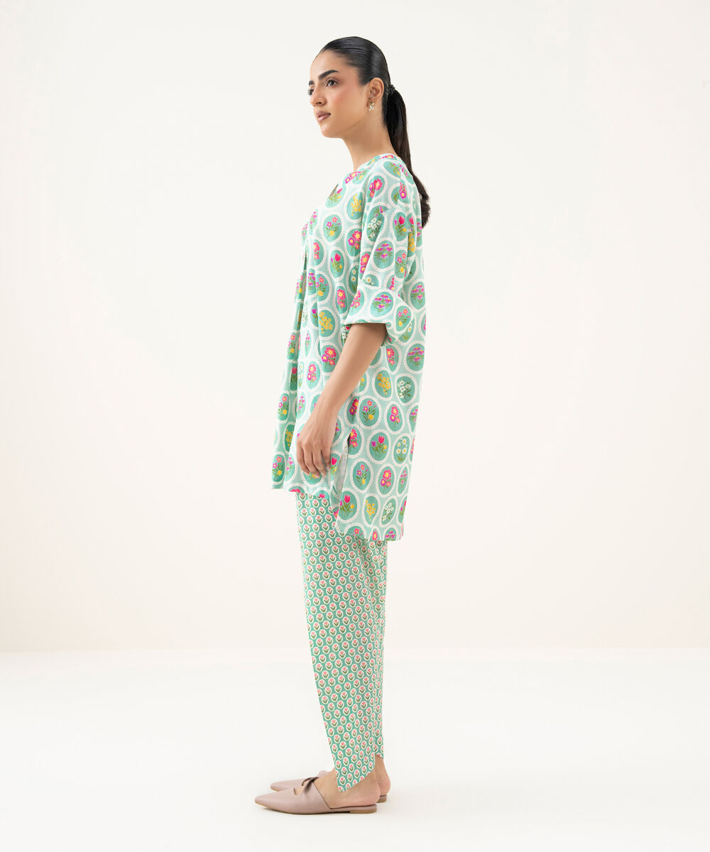 Women's RTW Linen Viscose Printed Turquoise Drop Shoulder Shirt