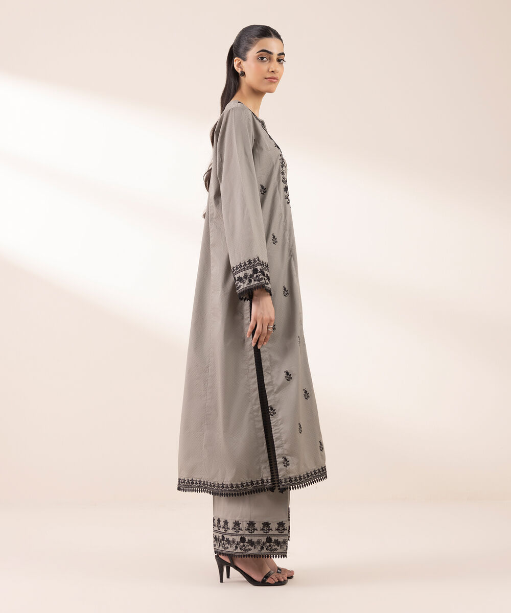 Women's RTW Dobby Grey Embroidered A-Line Shirt