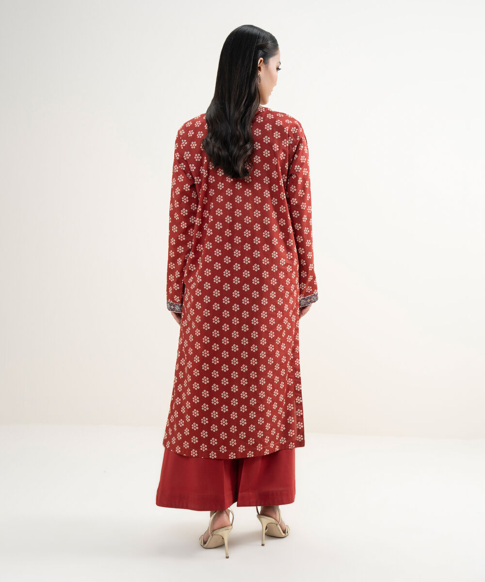 Women's RTW Slub Lawn Embroidered Maroon Straight Shirt