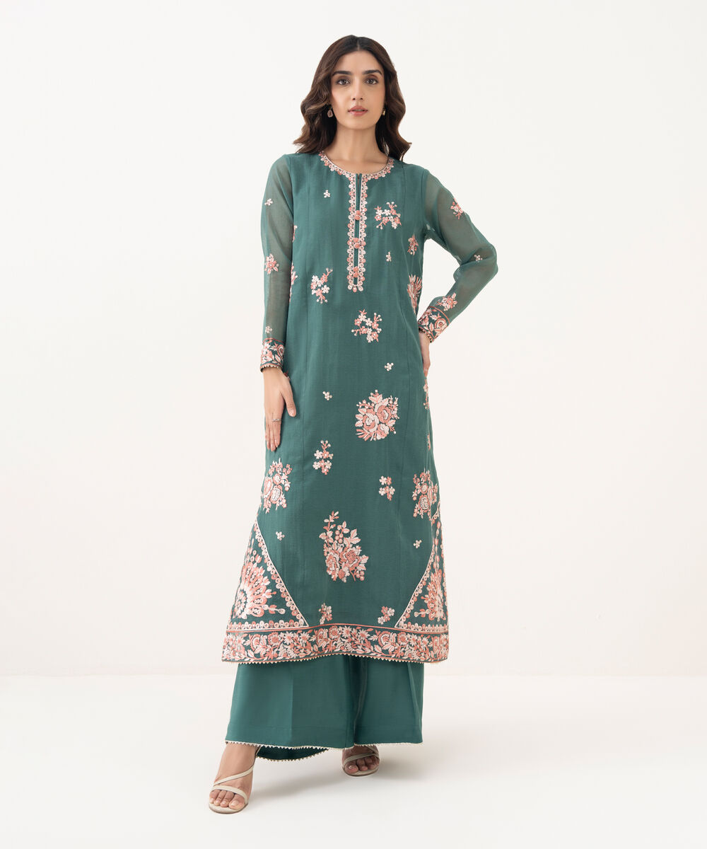 Women's RTW Blended Textured Karandi Embroidered A-Line Green Shirt