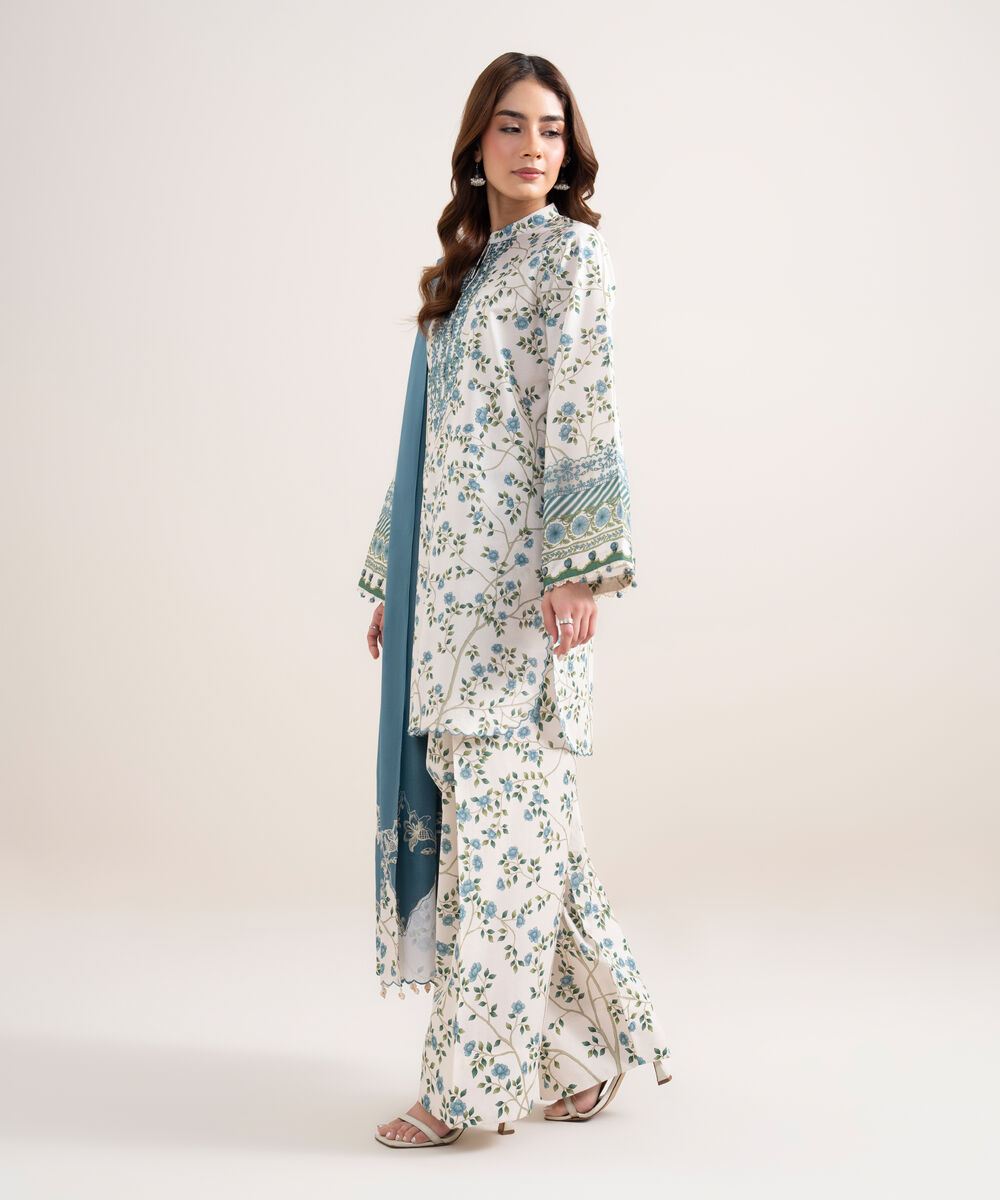 Women's Unstitched Lawn Embroidered Off White 3 Piece Suit