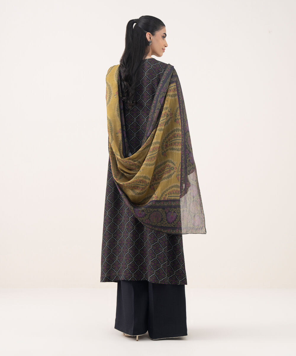 Women's RTW Textured Viscose Embroidered Black 3 Piece Suit