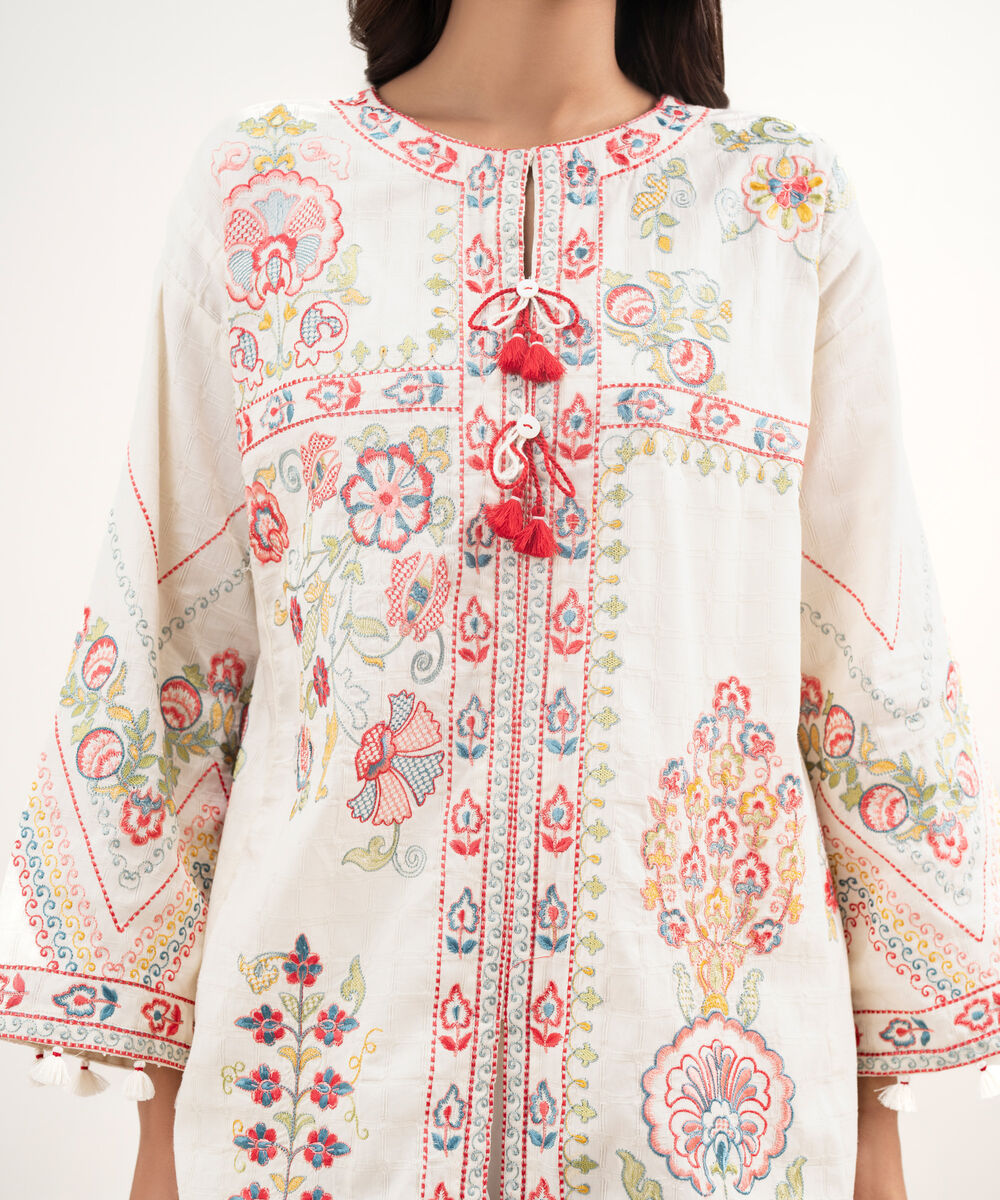 Women's RTW Dobby Embroidered Off White Drop Shoulder Shirt