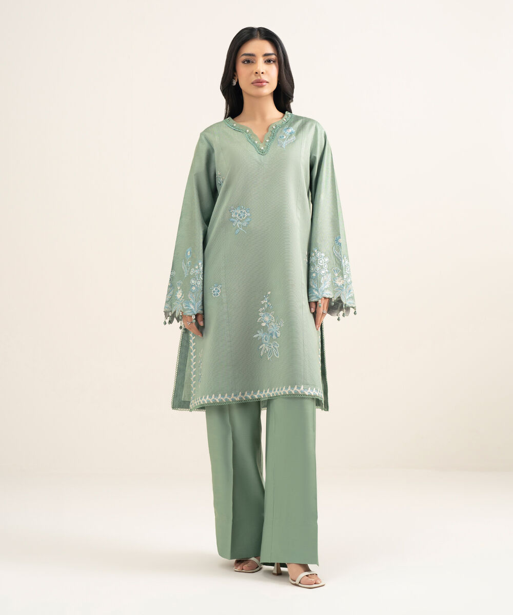 Women's RTW Silk Cotton Net Embroidered Green 2 Piece Suit