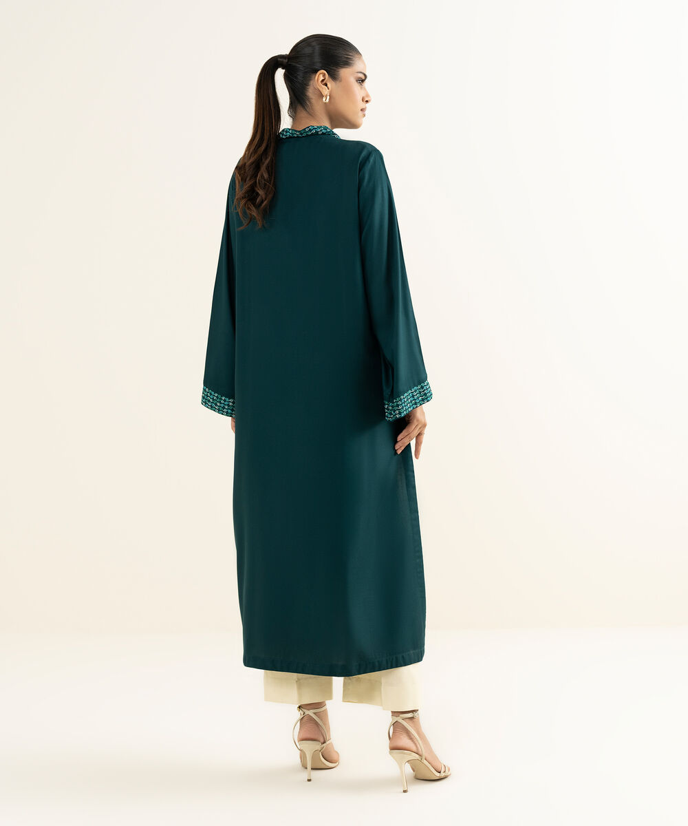 Women's RTW Linen Viscose Embroidered Teal A-Line Shirt