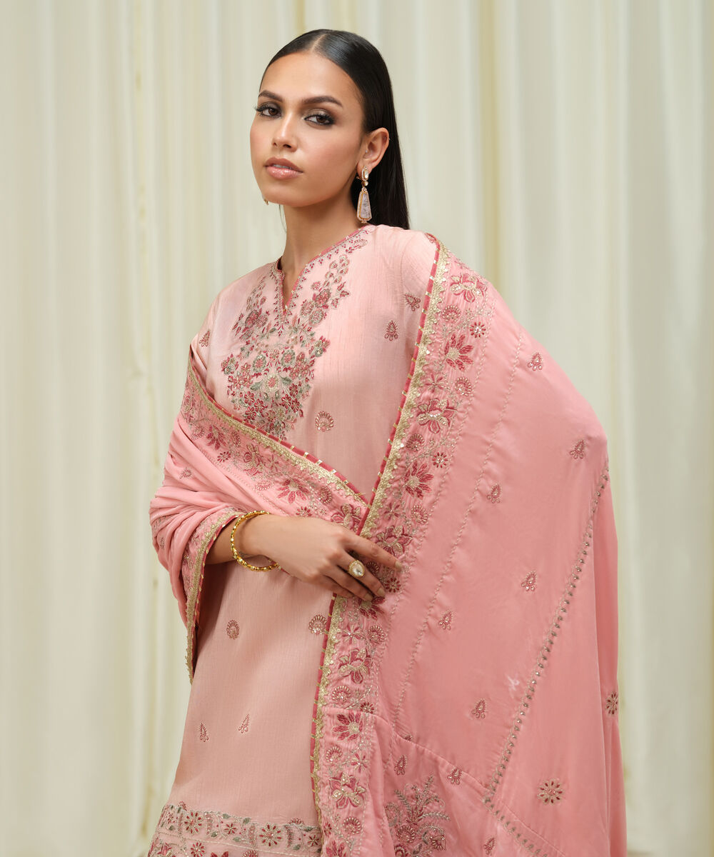 Women's Unstitched Raw Silk Embroidered Pink 3 Piece Suit