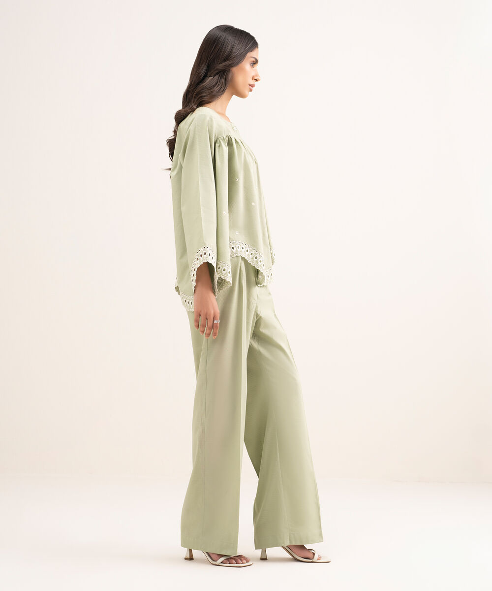 Women's RTW Dobby Embroidered Green Straight Shirt