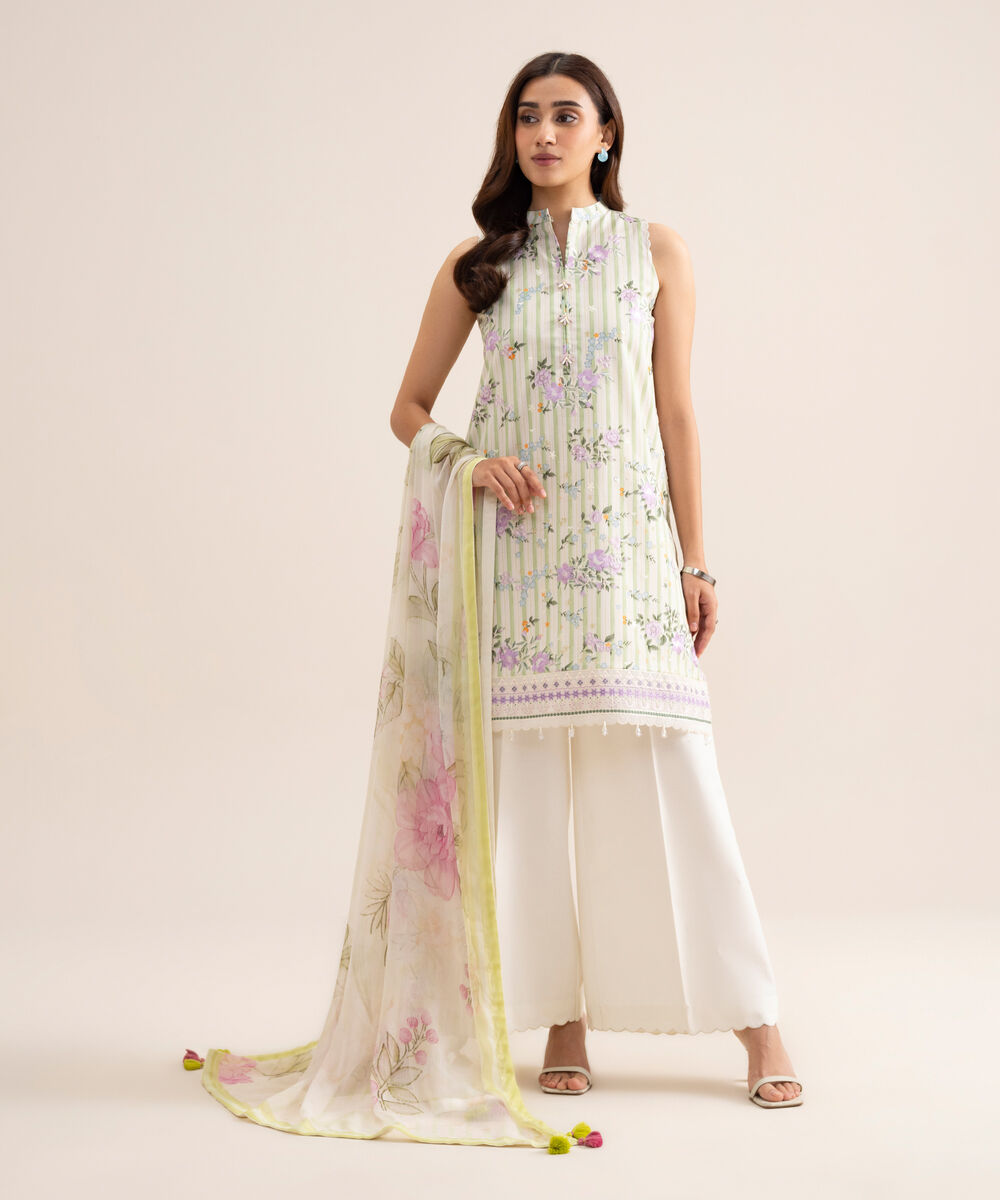 Women's Unstitched Lawn Embroidered Off White & Green 3 Piece Suit