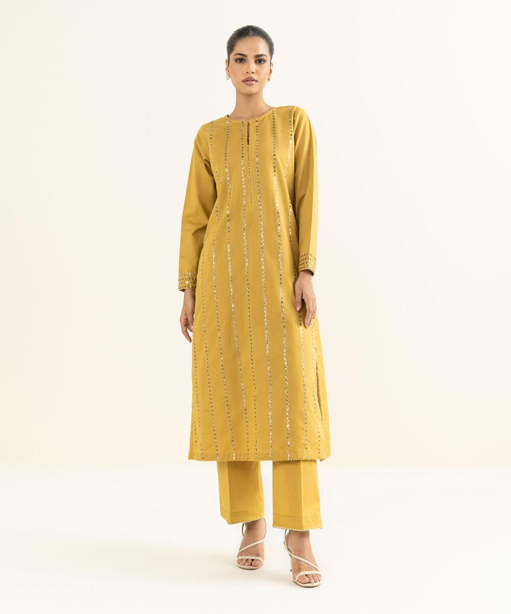 Women's RTW Multineps Embroidered Mustard A-Line Shirt