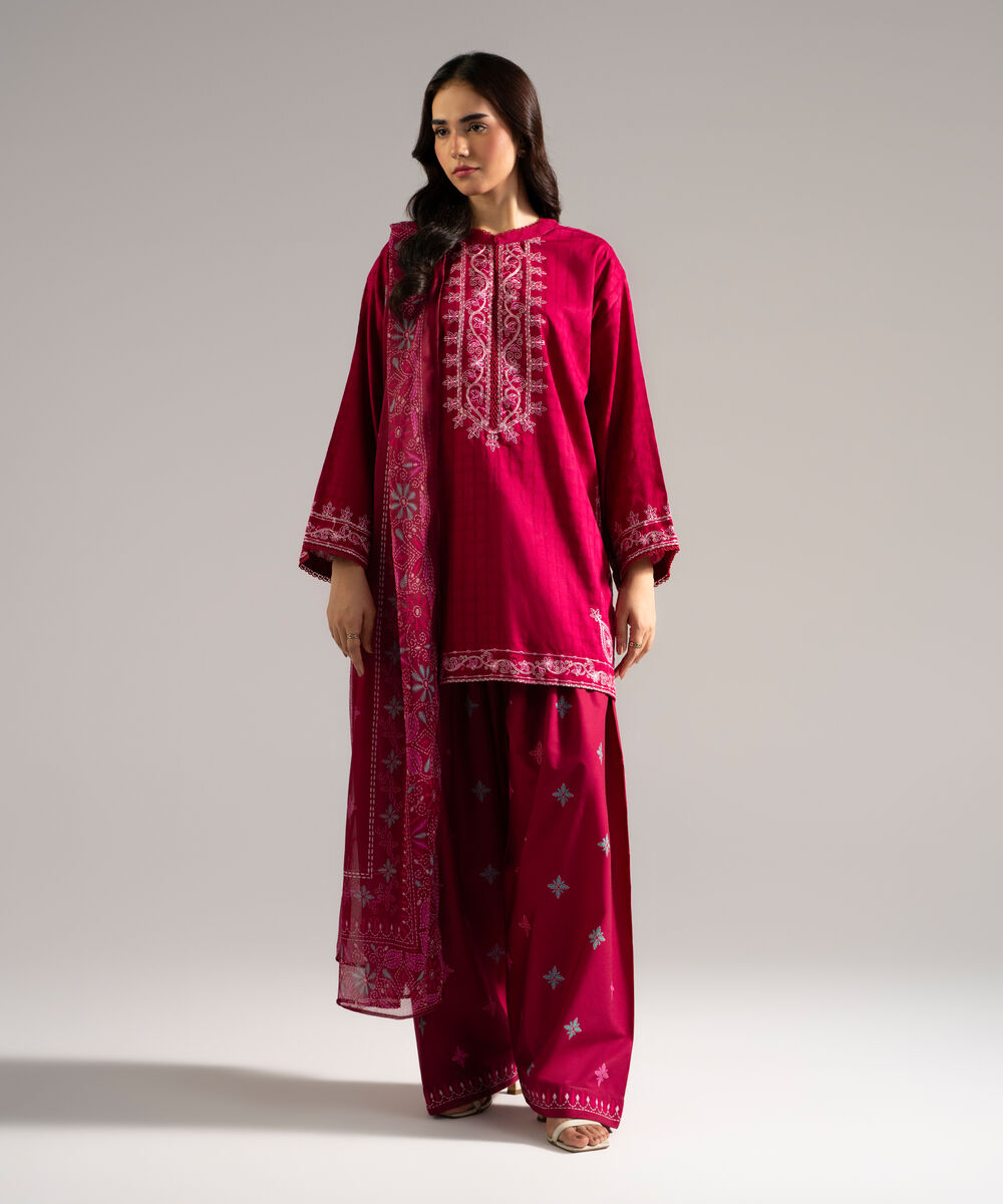 Women's RTW Dobby Embroidered Pink 3 Piece Suit