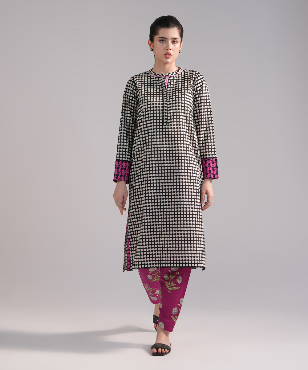 Women's RTW Slub Lawn Printed Black Straight Shirt