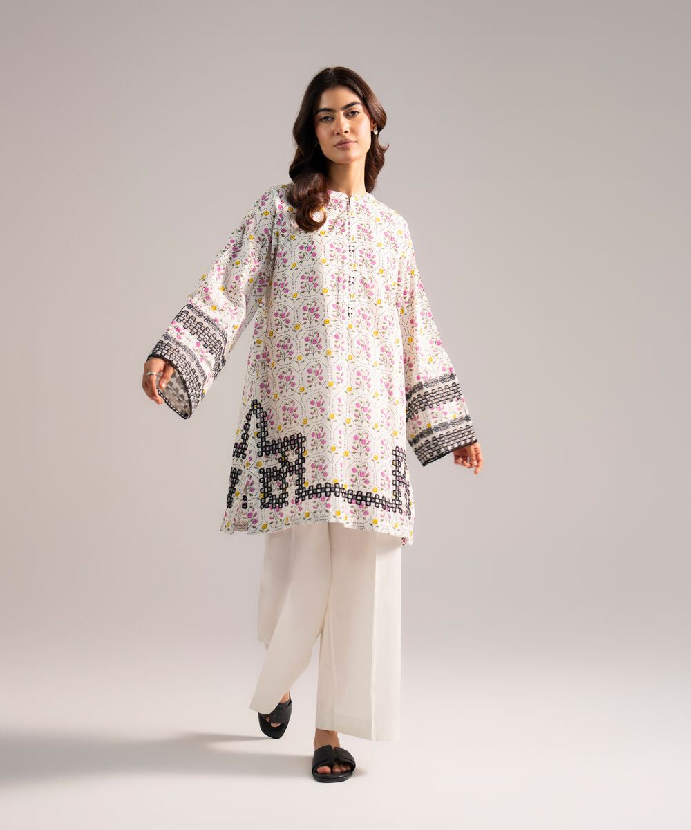 Women's RTW Lawn Embroidered White Straight Shirt