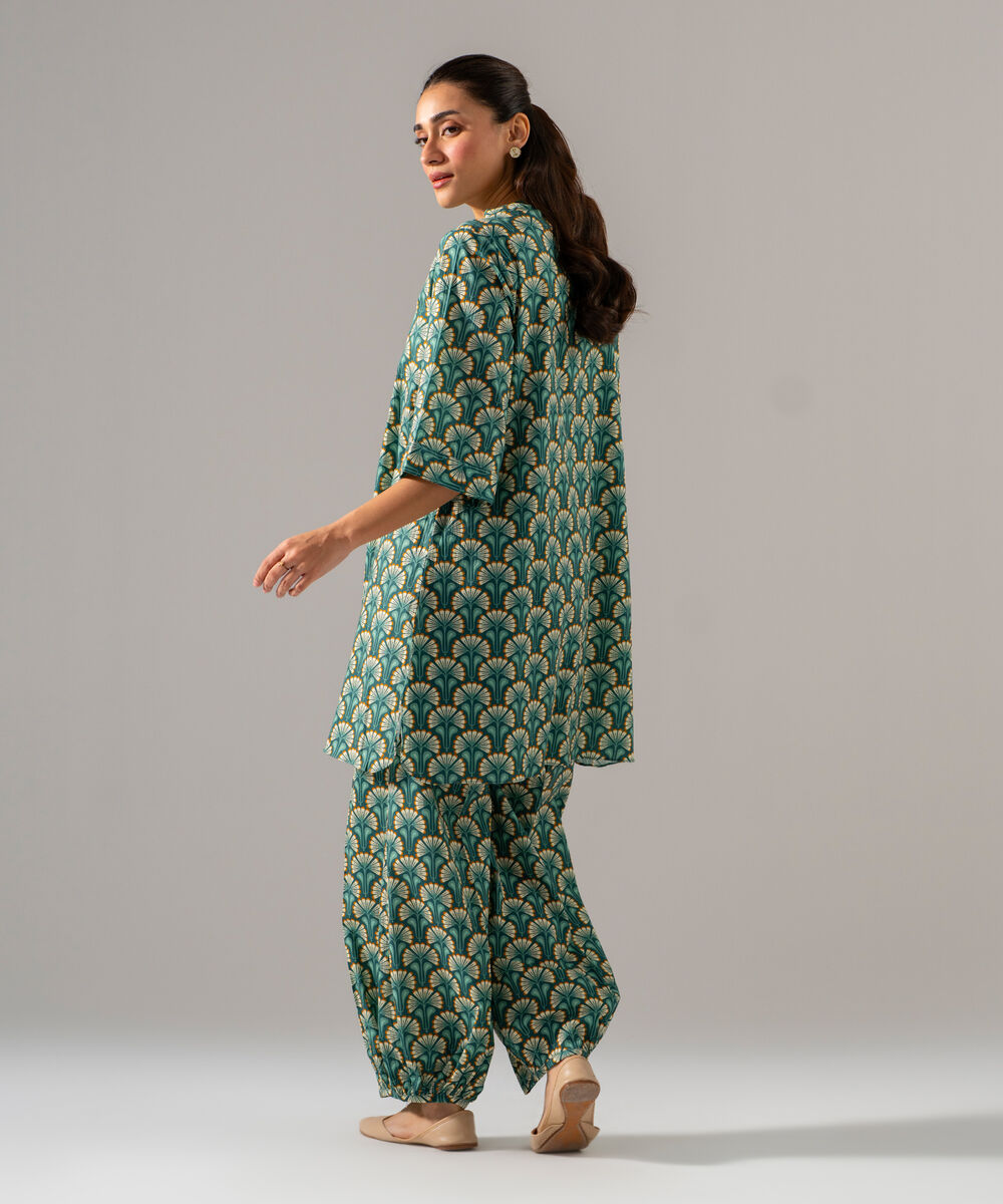 Women's RTW Seersucker Printed Teal 2 Piece Suit