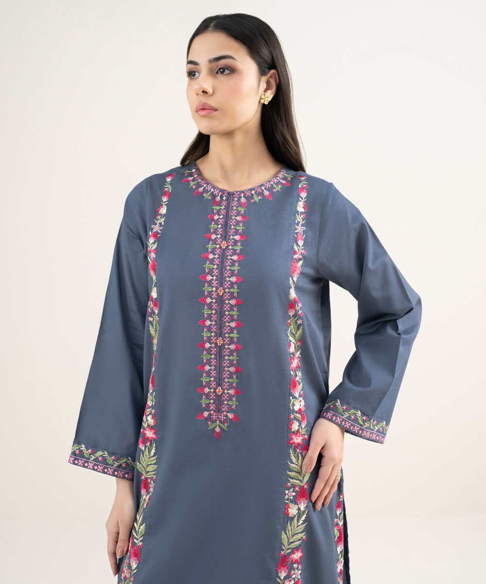 Women's RTW Dobby Embroidered Steel Blue A-Line Shirt