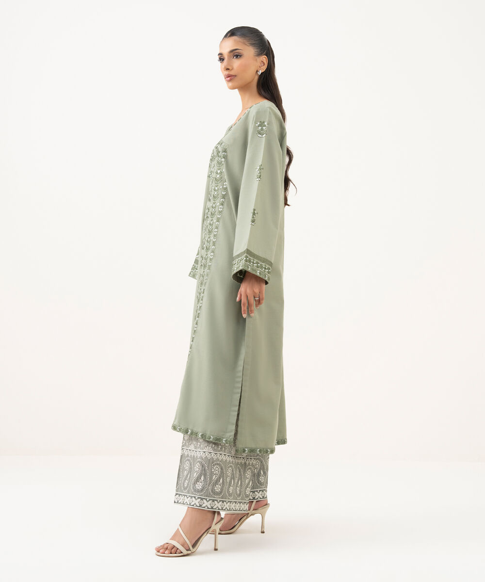 Women's RTW Light Khaddar Embroidered A-Line Grey Shirt