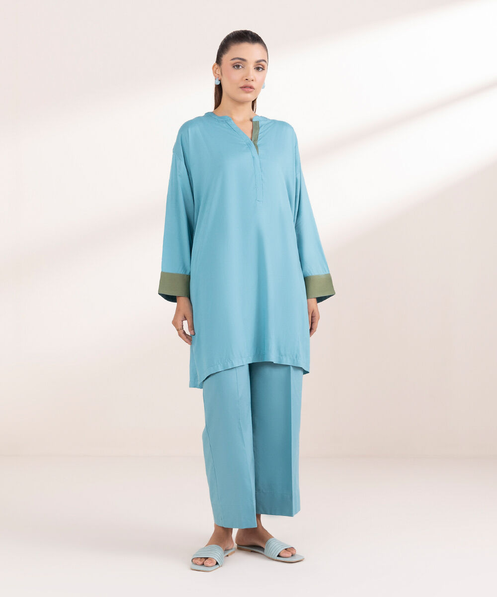 Woman - Blue Solid Arabic Lawn Shirt