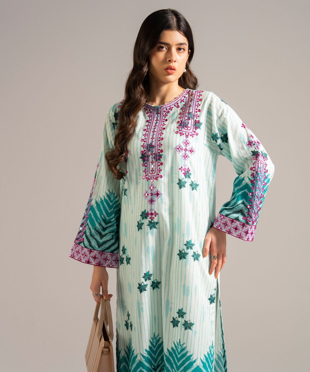 Women's RTW Dobby Embroidered Green Straight Shirt