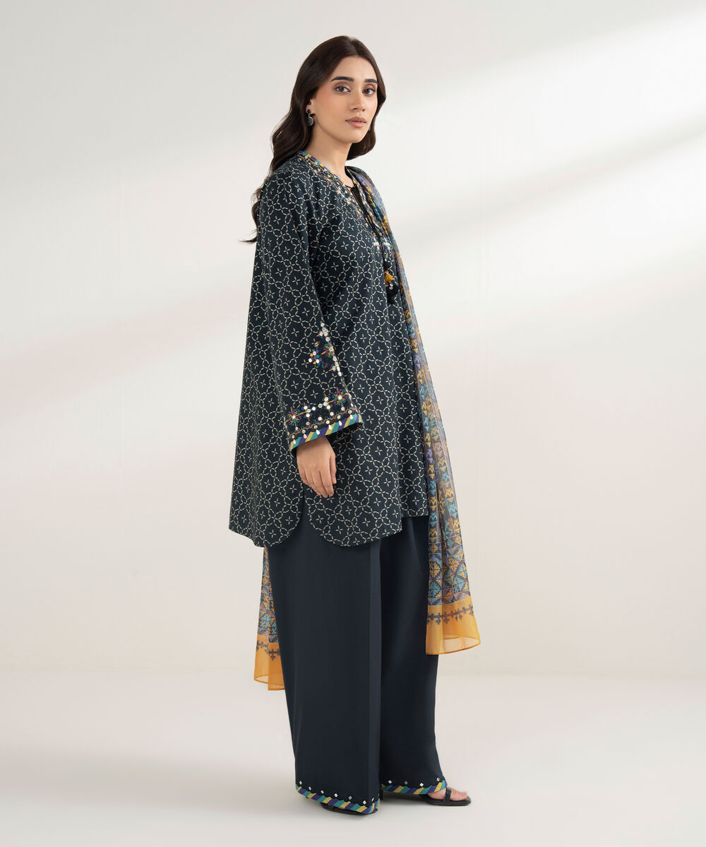 Women's Unstitched Cotton Embroidered Black 3 Piece Suit