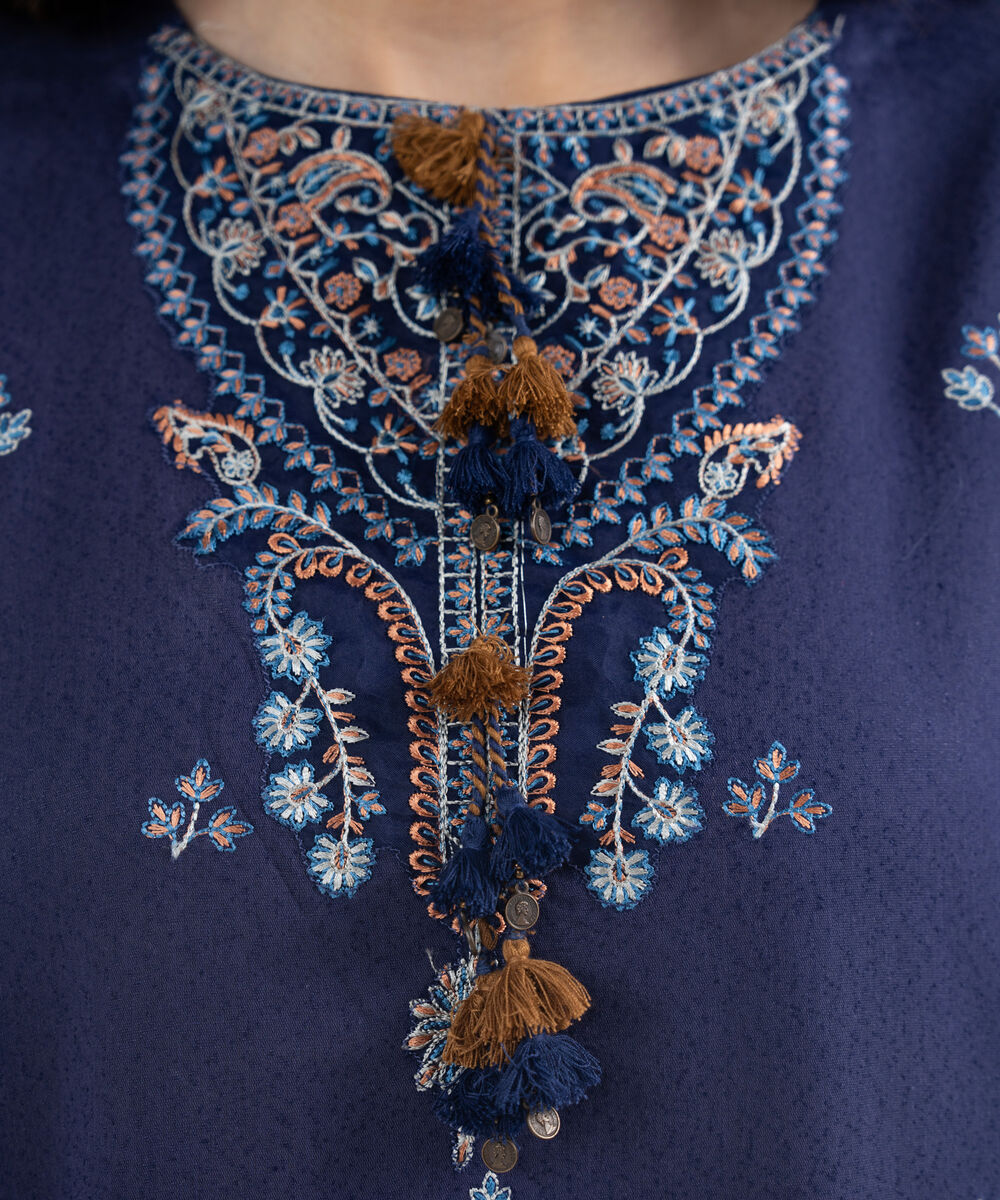 Women's RTW Cotton Karandi Embroidered Blue 3 Piece Suit