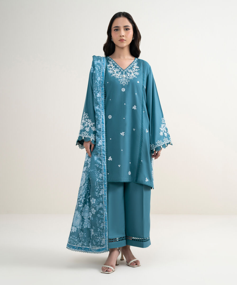 Women's RTW Raw Silk Viscose Embroidered Blue 3 Piece Suit