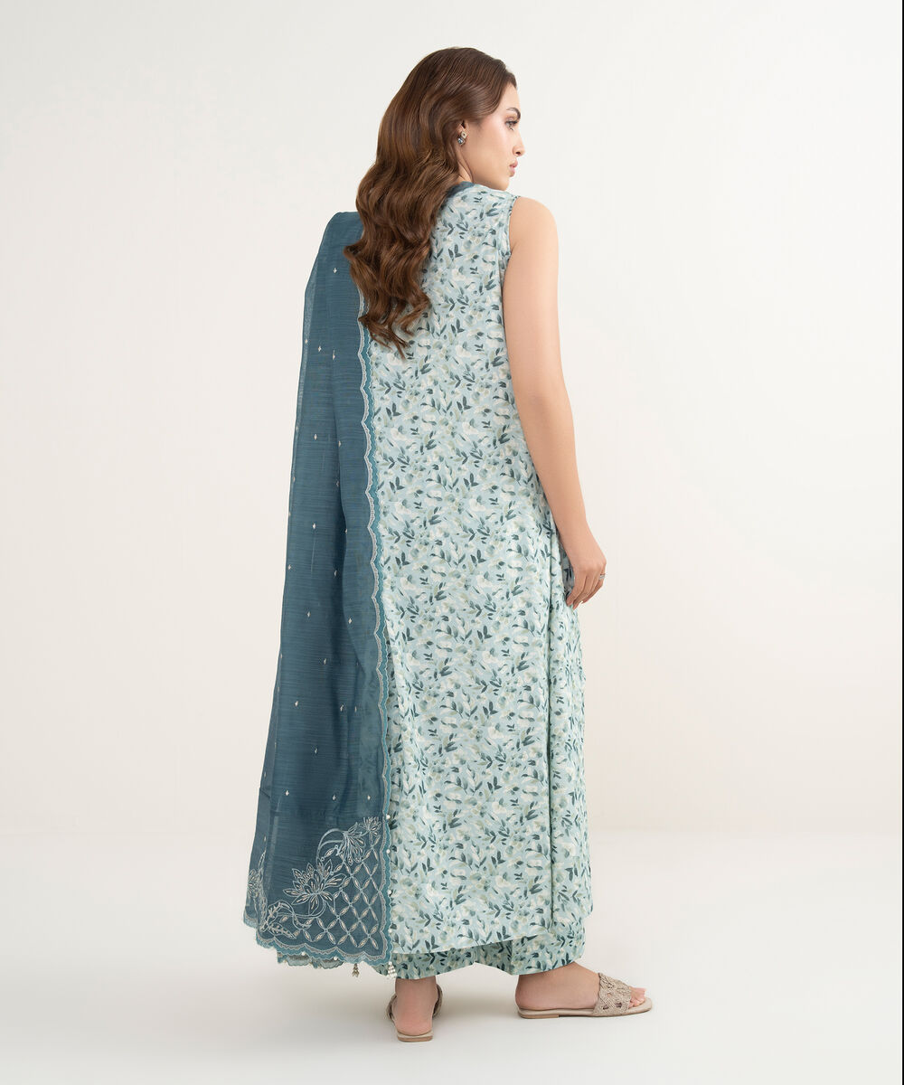 Women's Unstitched Zari Lawn Embroidered Blue 3 Piece Suit