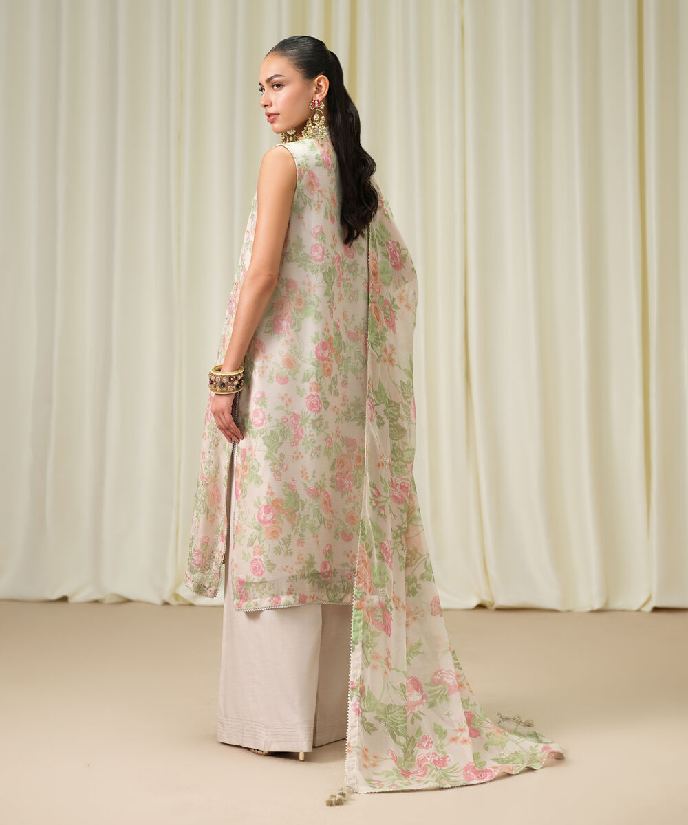 Women's Unstitched Blended Chiffon Embroidered Beige 3 Piece Suit