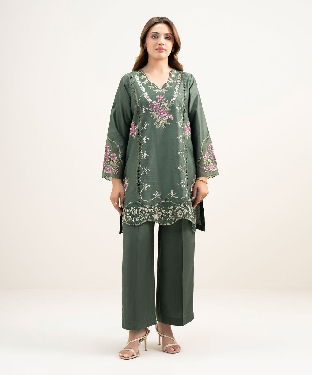 Women's RTW Silk Cotton Net Embroidered Dark Green 2 Piece Suit
