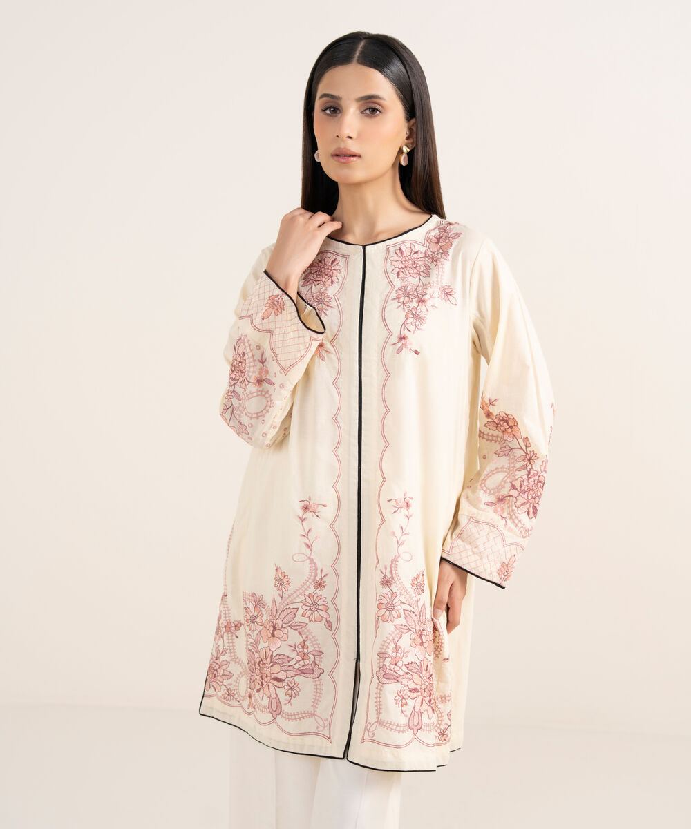 Women's RTW Textured Lawn Off White Embroidered A-Line Shirt