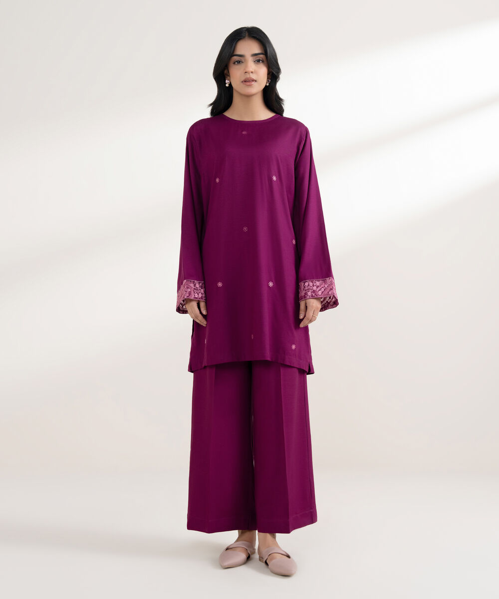 Women's RTW Arabic Khaddar Embroidered Magenta Straight Shirt