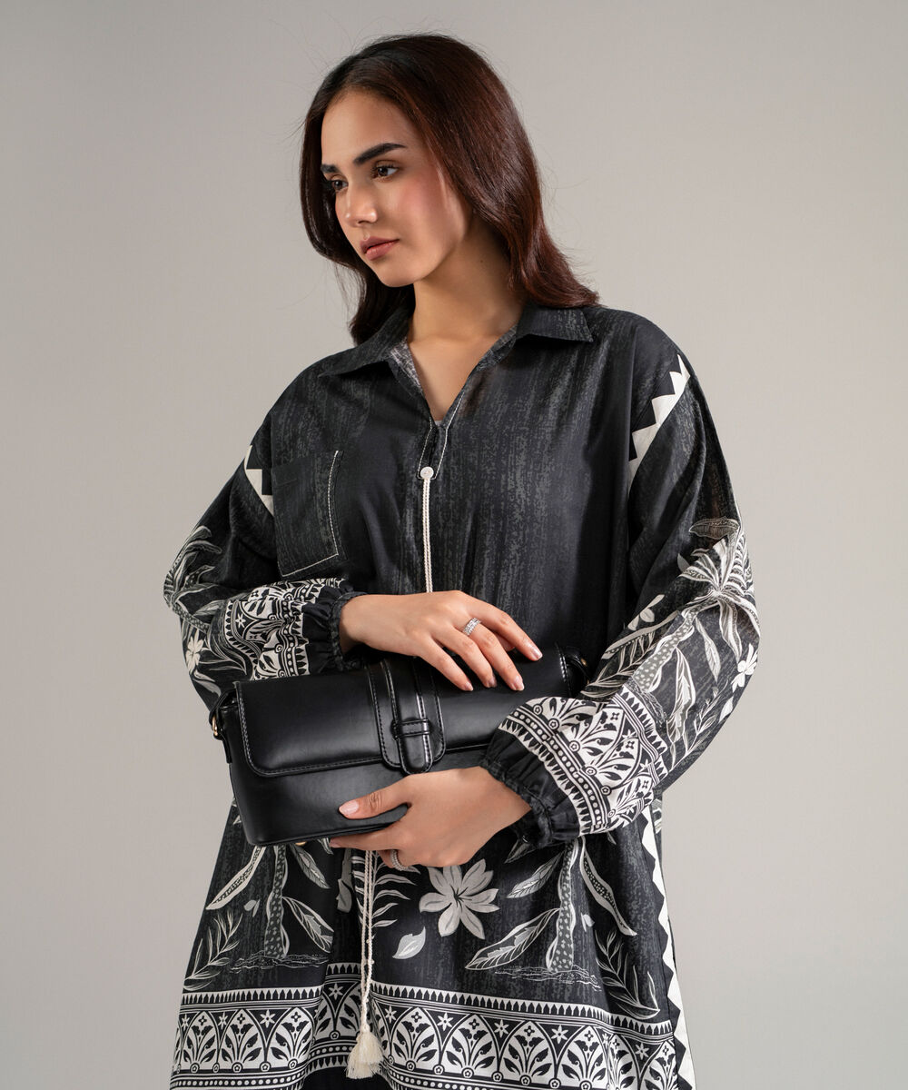 Women's RTW Slub Lawn Printed Black Drop Shoulder Shirt