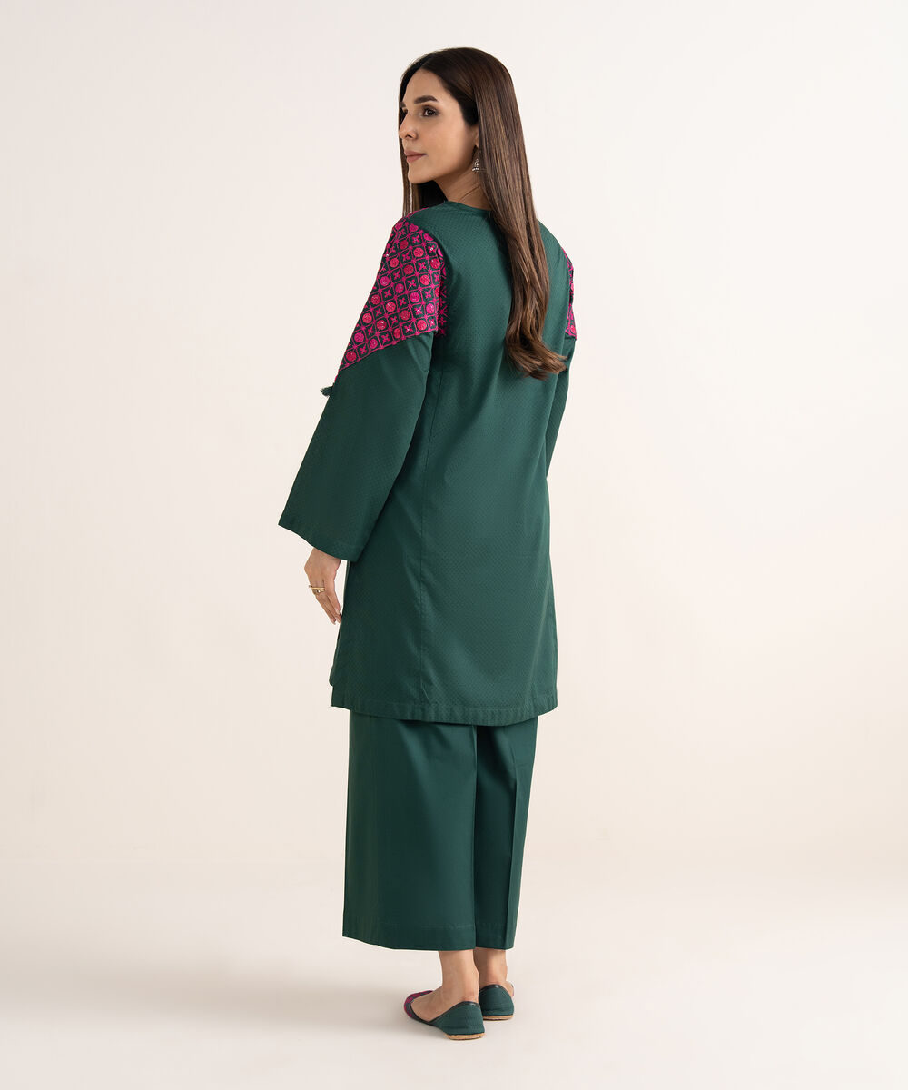 Women's RTW Textured Cotton Green Embroidered A-Line Shirt