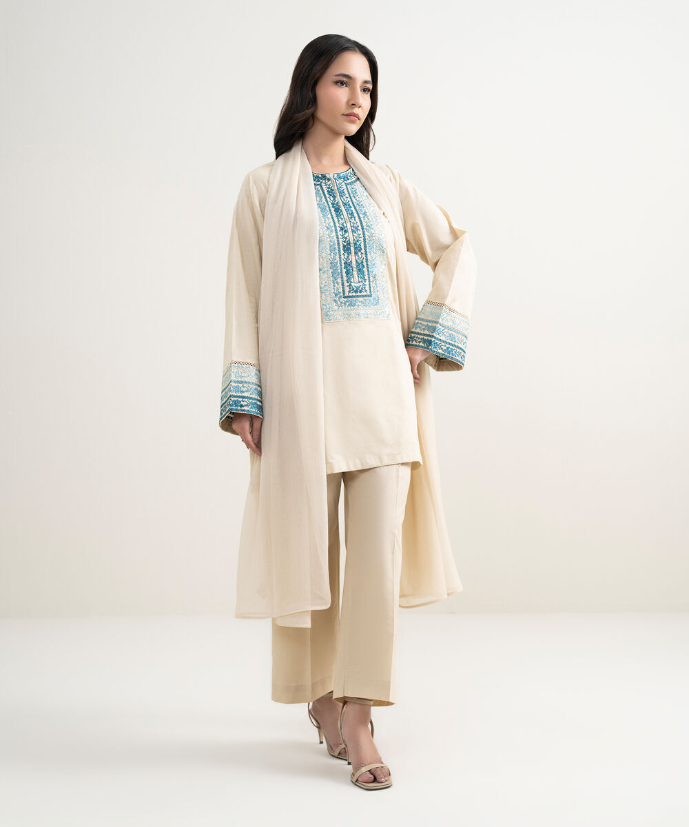 Women's RTW Self Jacquard Embroidered Beige 3 Piece Suit