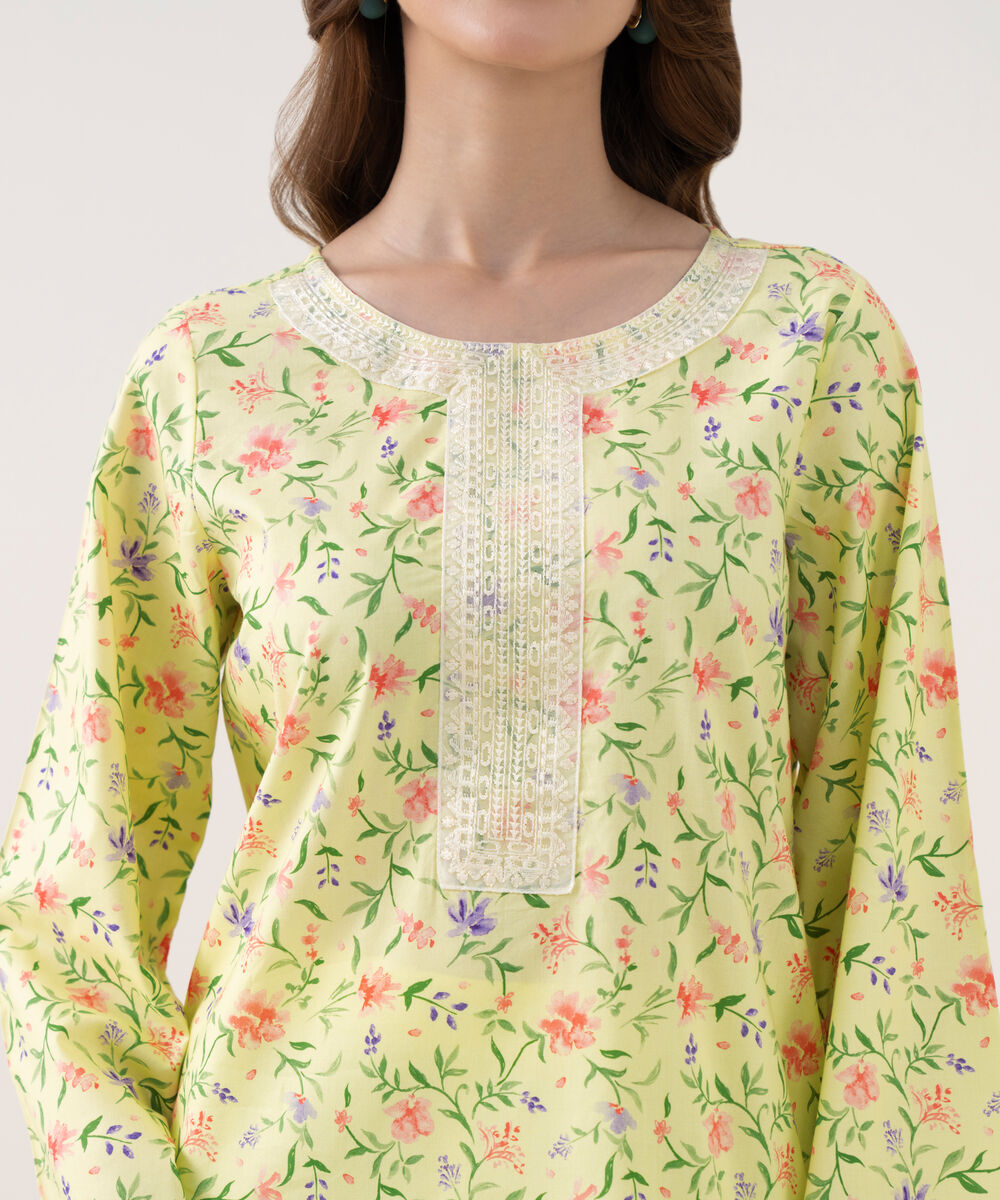 Women's RTW Cotton Viscose Embroidered Straight Yellow Shirt