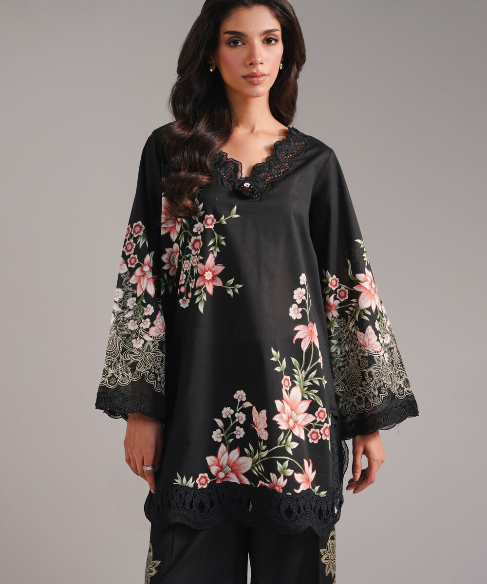 Women's RTW Lawn Embroidered Black Straight Shirt