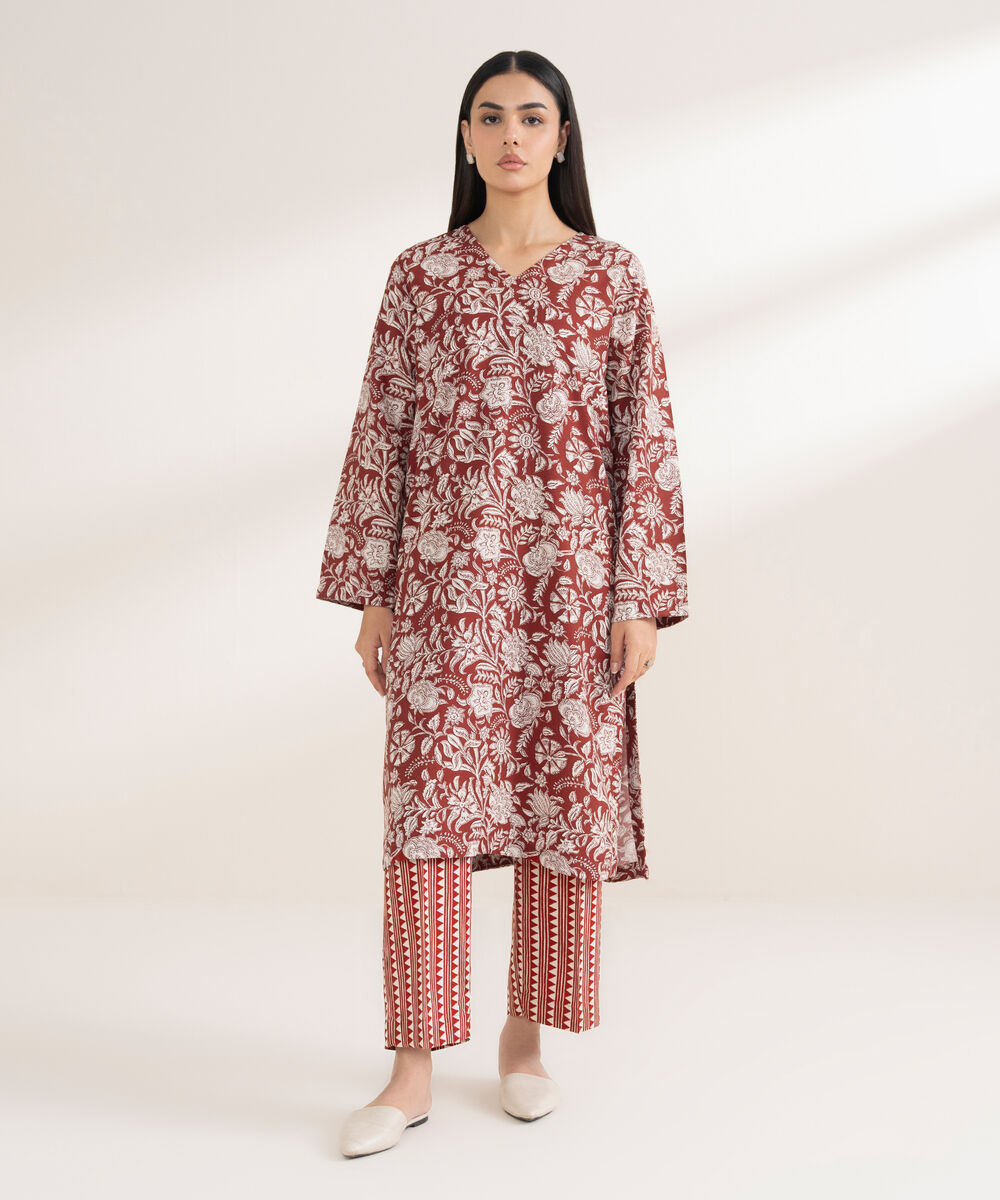 Women's RTW Arabic Khaddar Printed Straight Red Shirt