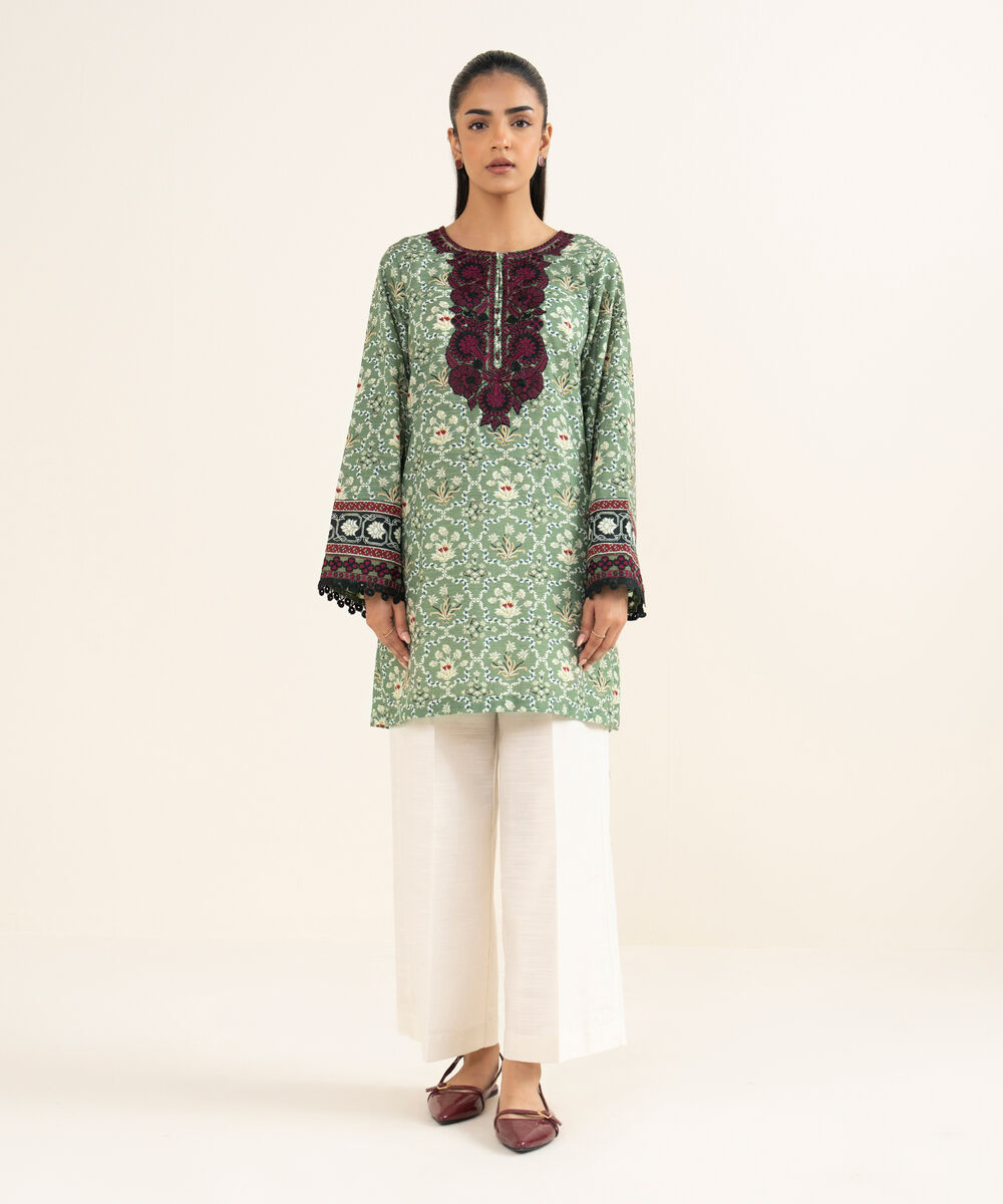 Women's RTW Cotton Embroidered Green Straight Shirt