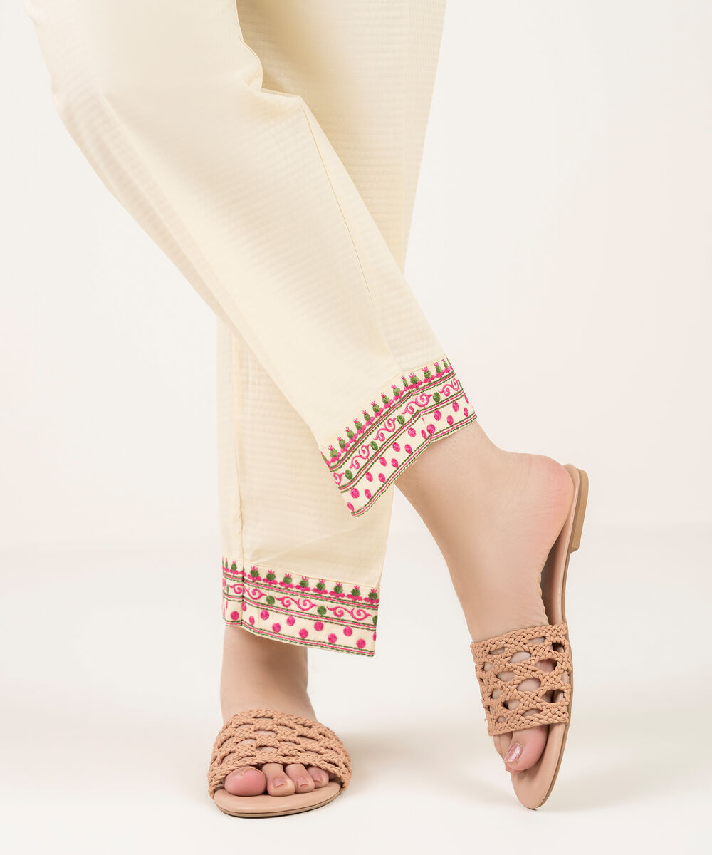 Women's RTW Dobby Embroidered Off White Straight Pants