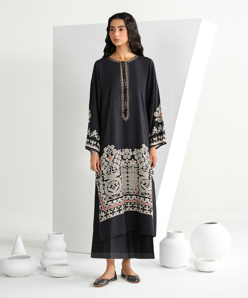 Women's RTW Arabic Lawn Black Printed Boxy Shirt