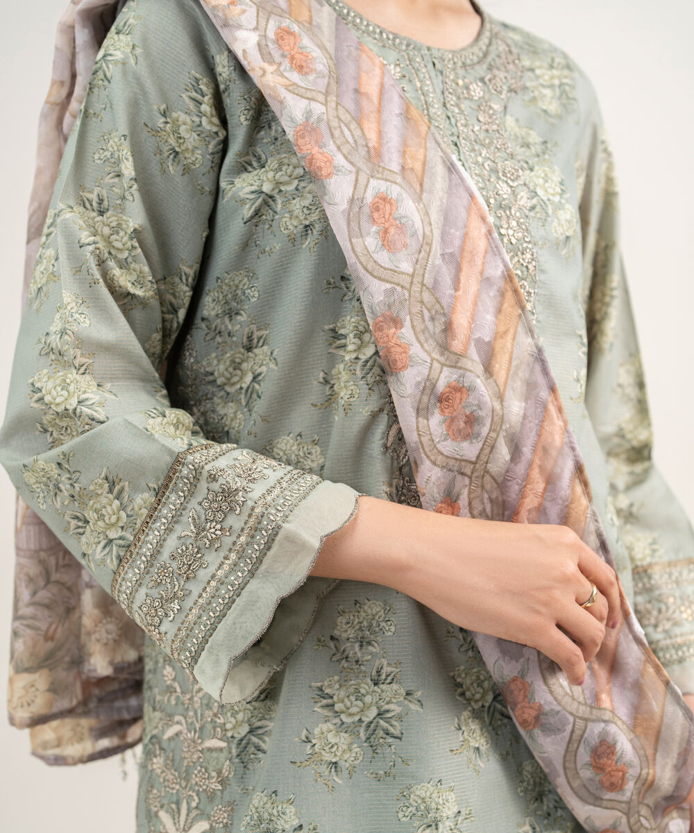 Women's RTW Zari Lawn Embroidered Green 3 Piece Suit