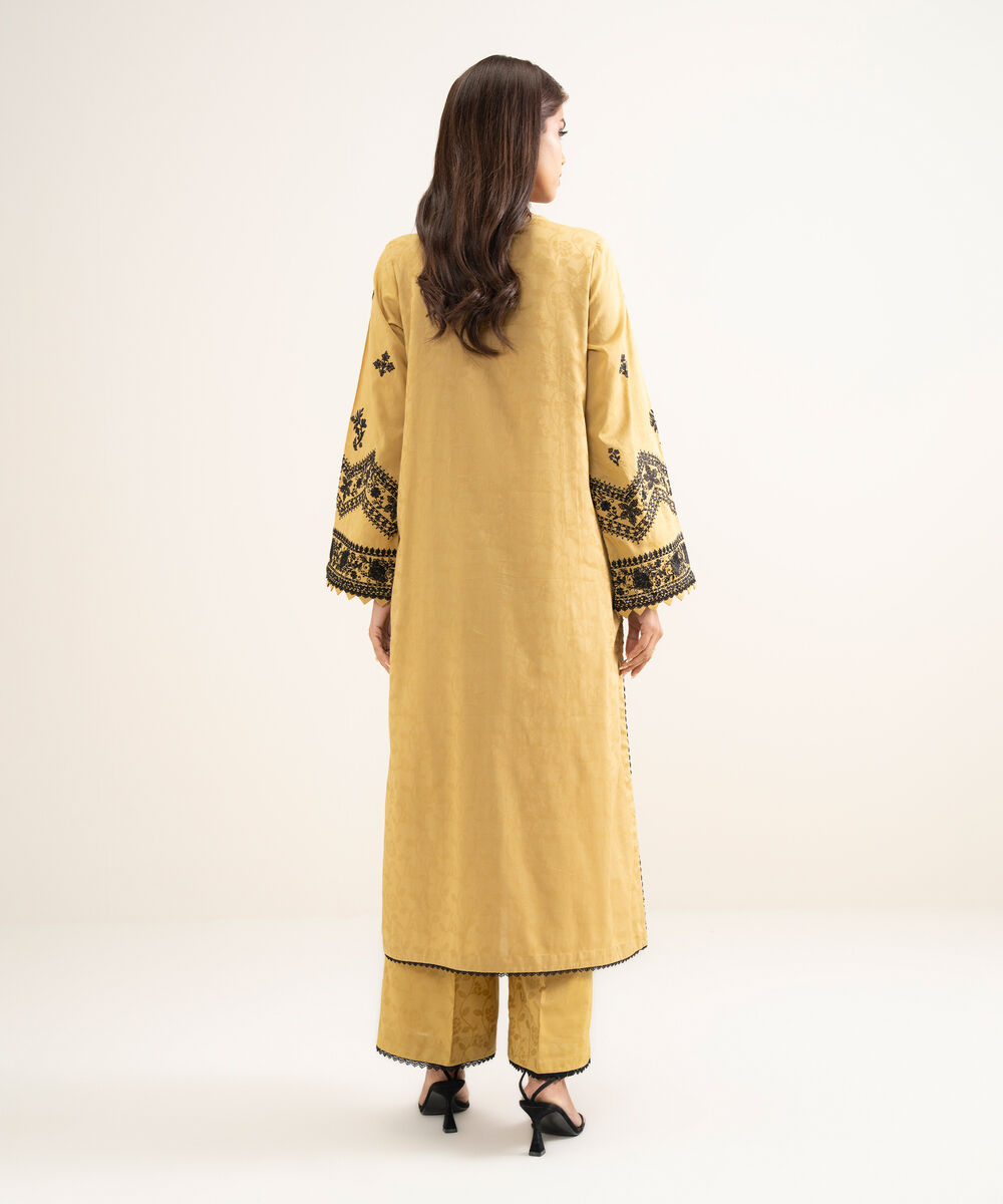 Women's RTW Self Jacquard Embroidered Yellow A-Line Shirt