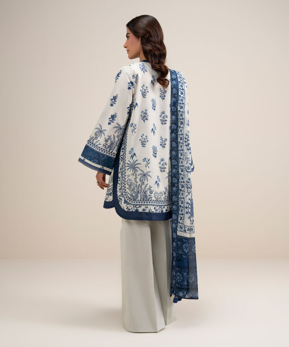 Women's Unstitched Lawn Embroidered Off White and Blue 3 Piece Suit