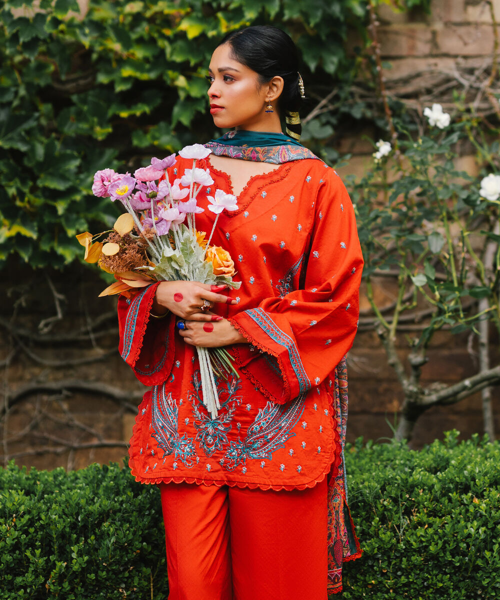 Women's RTW Dobby Embroidered Red 3 Piece Suit