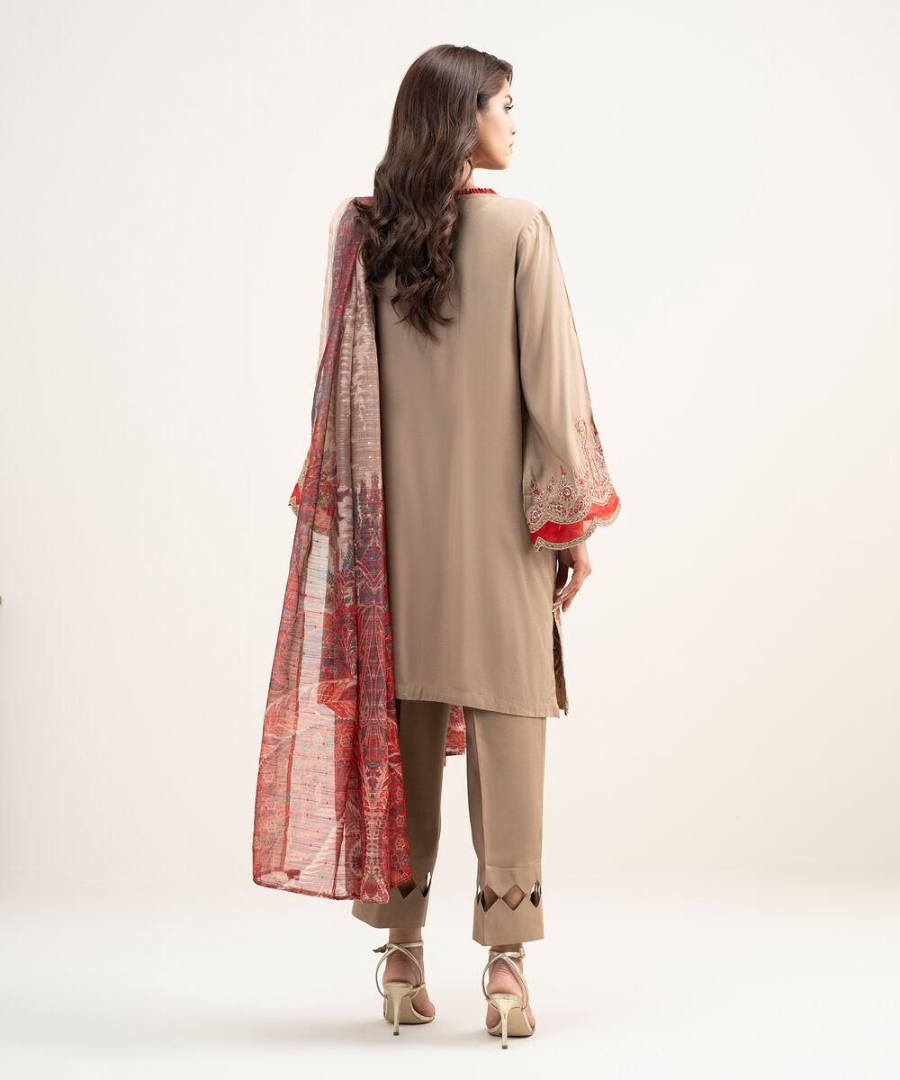 Women's RTW Viscose Raw Silk Embroidered Maroon 3 Piece Suit