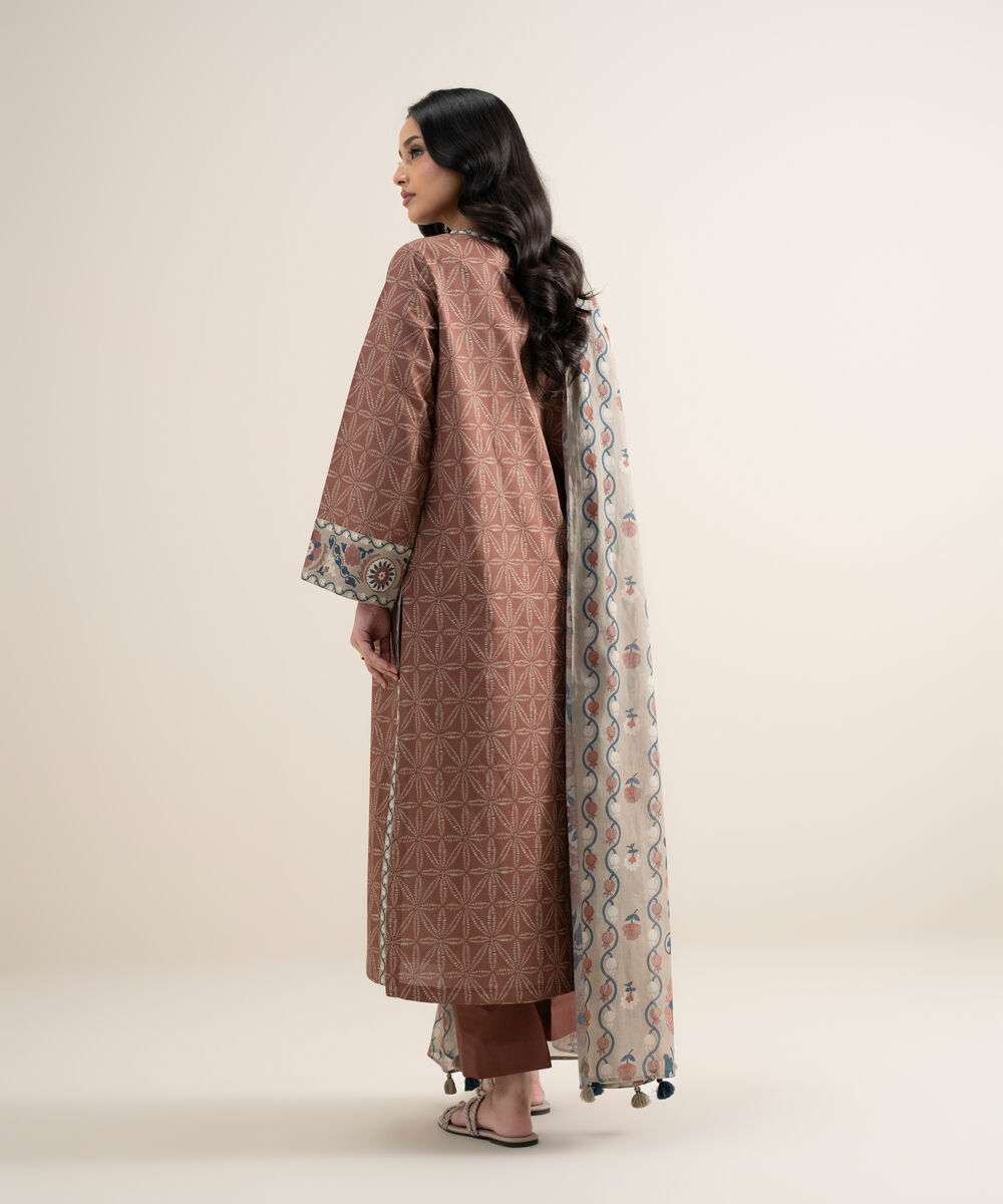 Women's Unstitched Lawn Printed Brown 3 Piece Suit